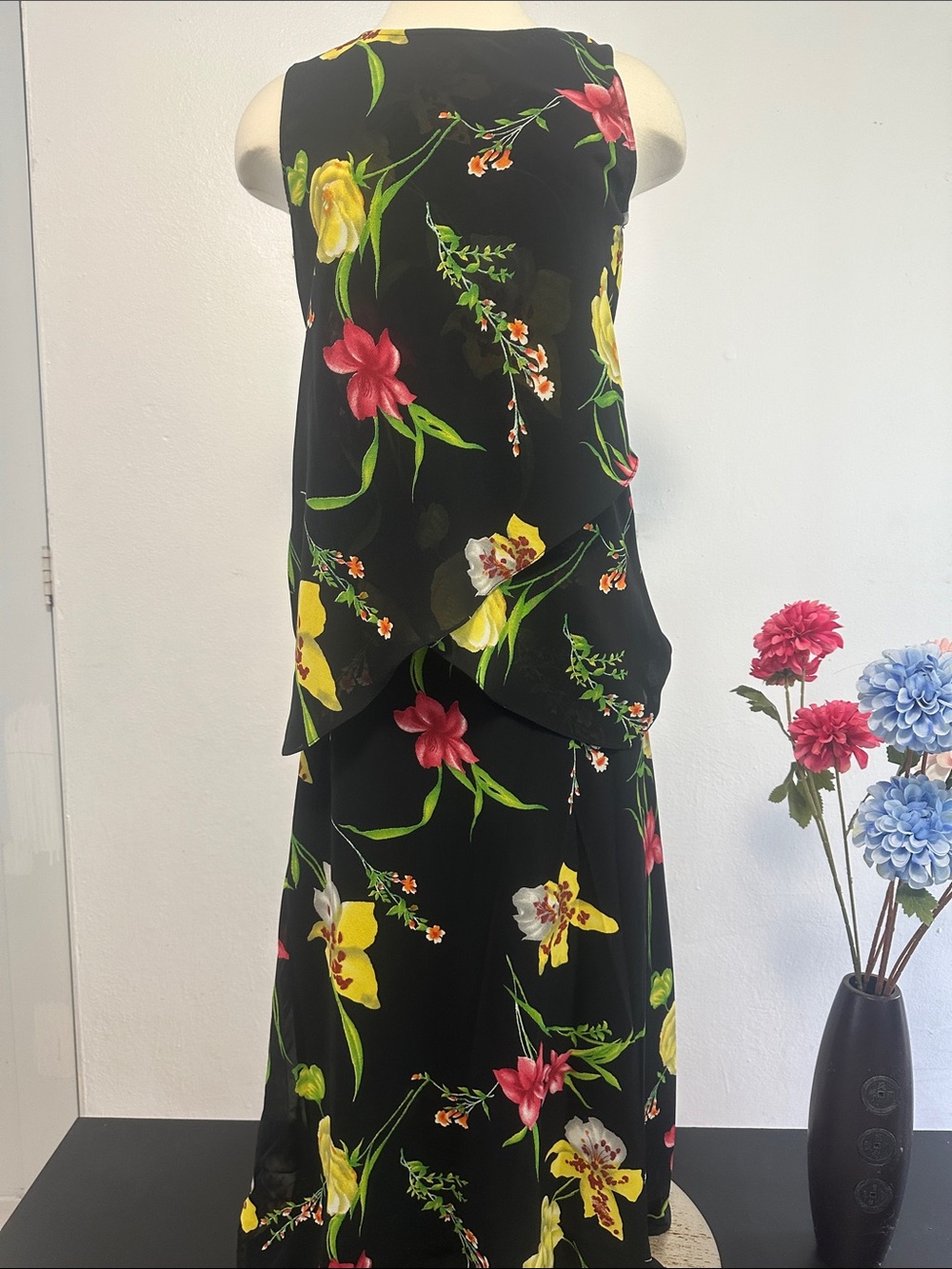 Black Floral Layered Maxi skirt and blouse with Yellow & Pink Blooms
